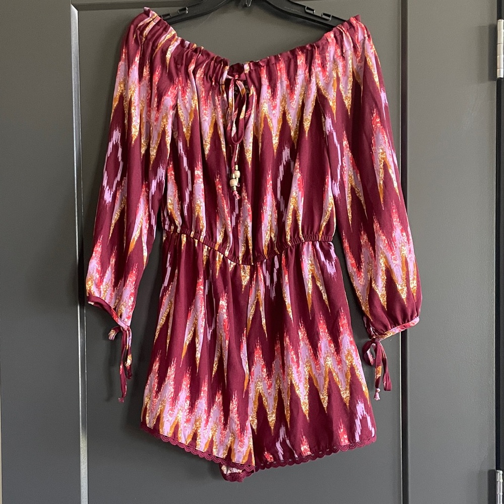 Burgundy Zigzag Off-Shoulder Romper